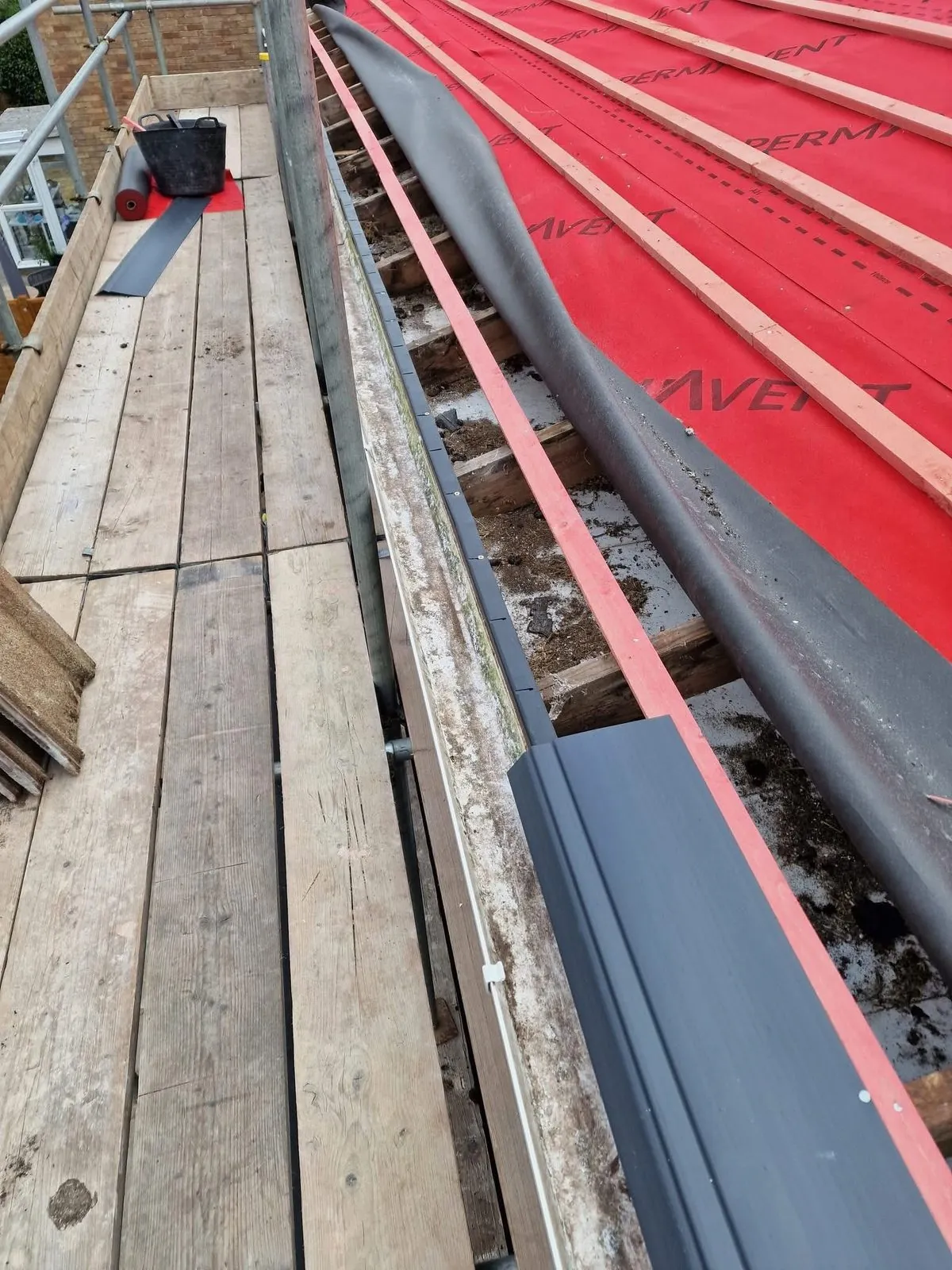 Breathable membrane and battens fitted during a re-roof in Ottery St Mary